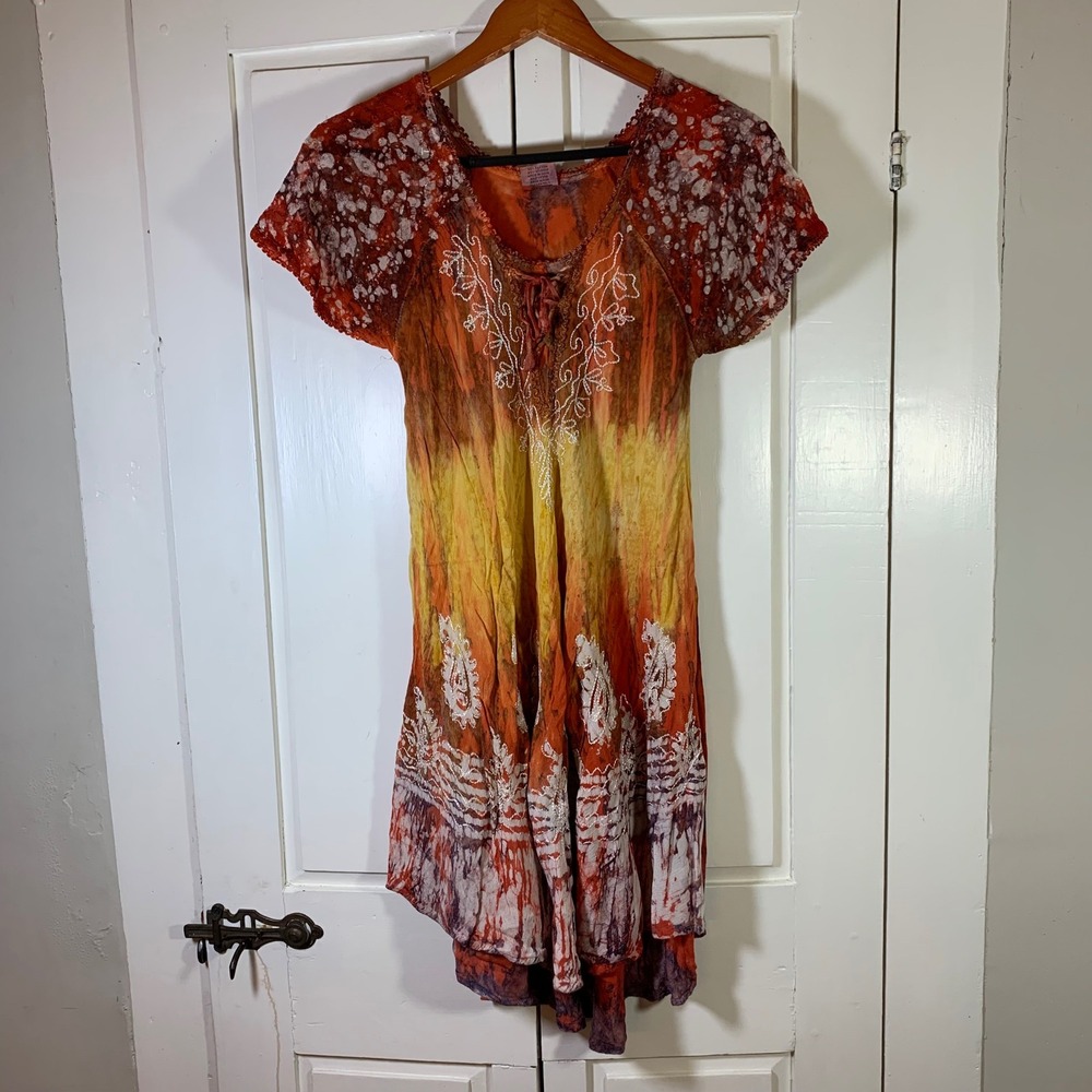 Boho Festival Tie-Dye India Dress Free Size‎ Cotton Lace-Up Gypsy Look